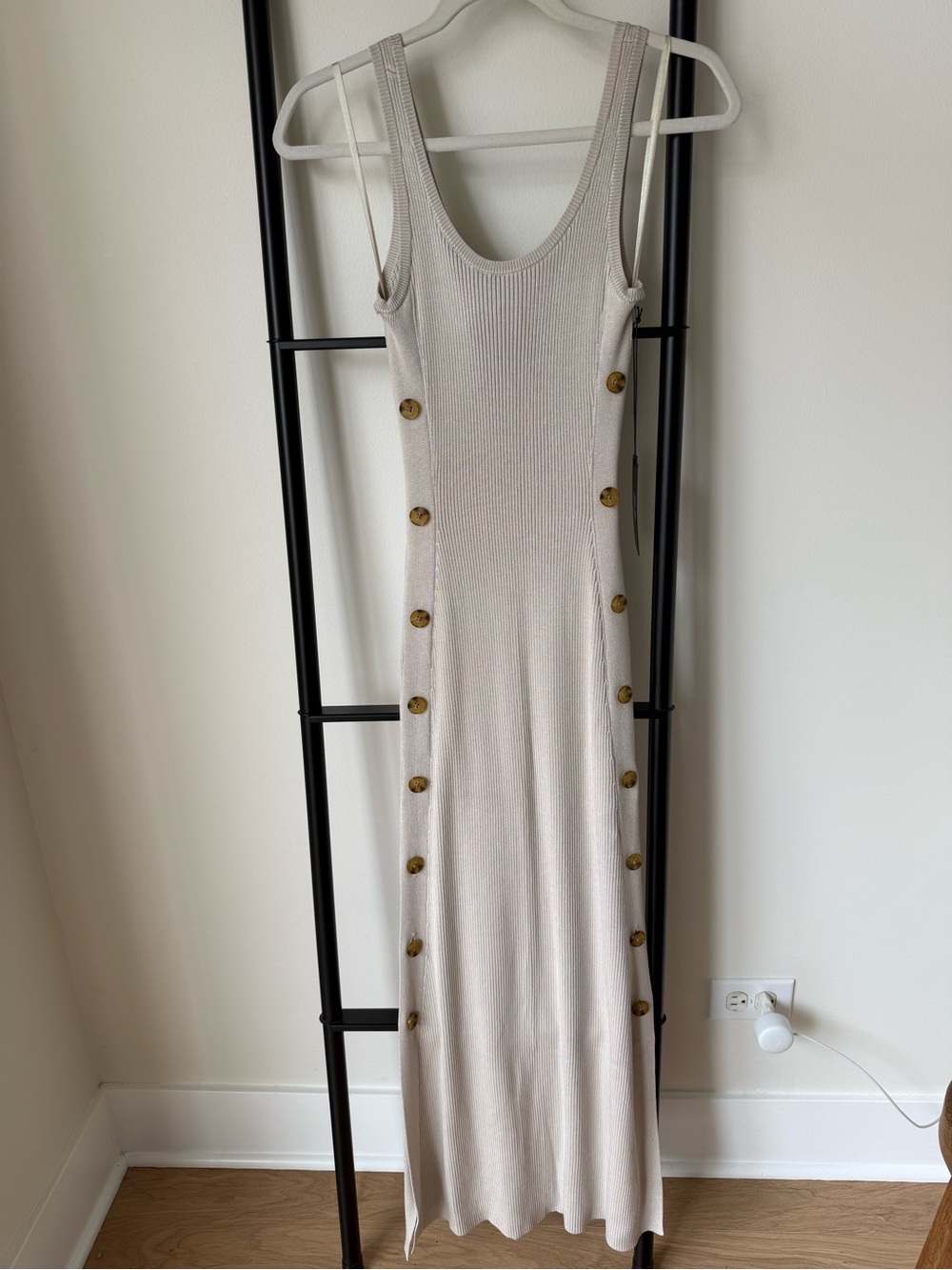 Abercrombie & Fitch Cream Ribbed Maxi Dress with Side Button Detail